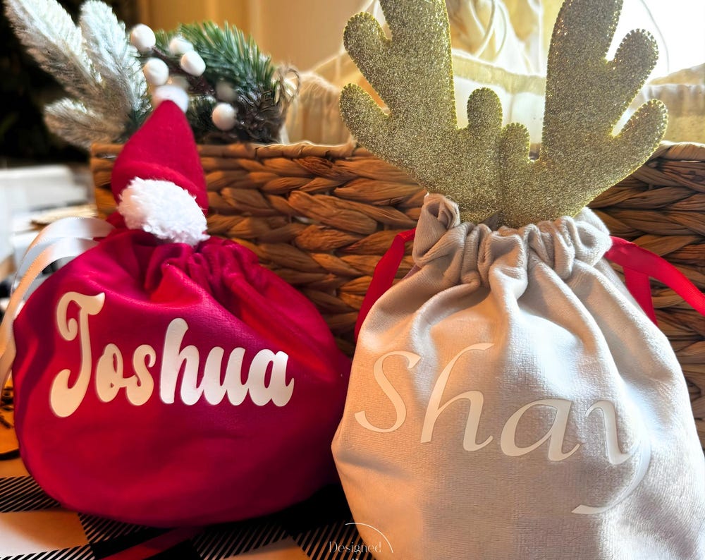 Personalized Velvet Christmas Gift Bag: Santa Hat or Reindeer