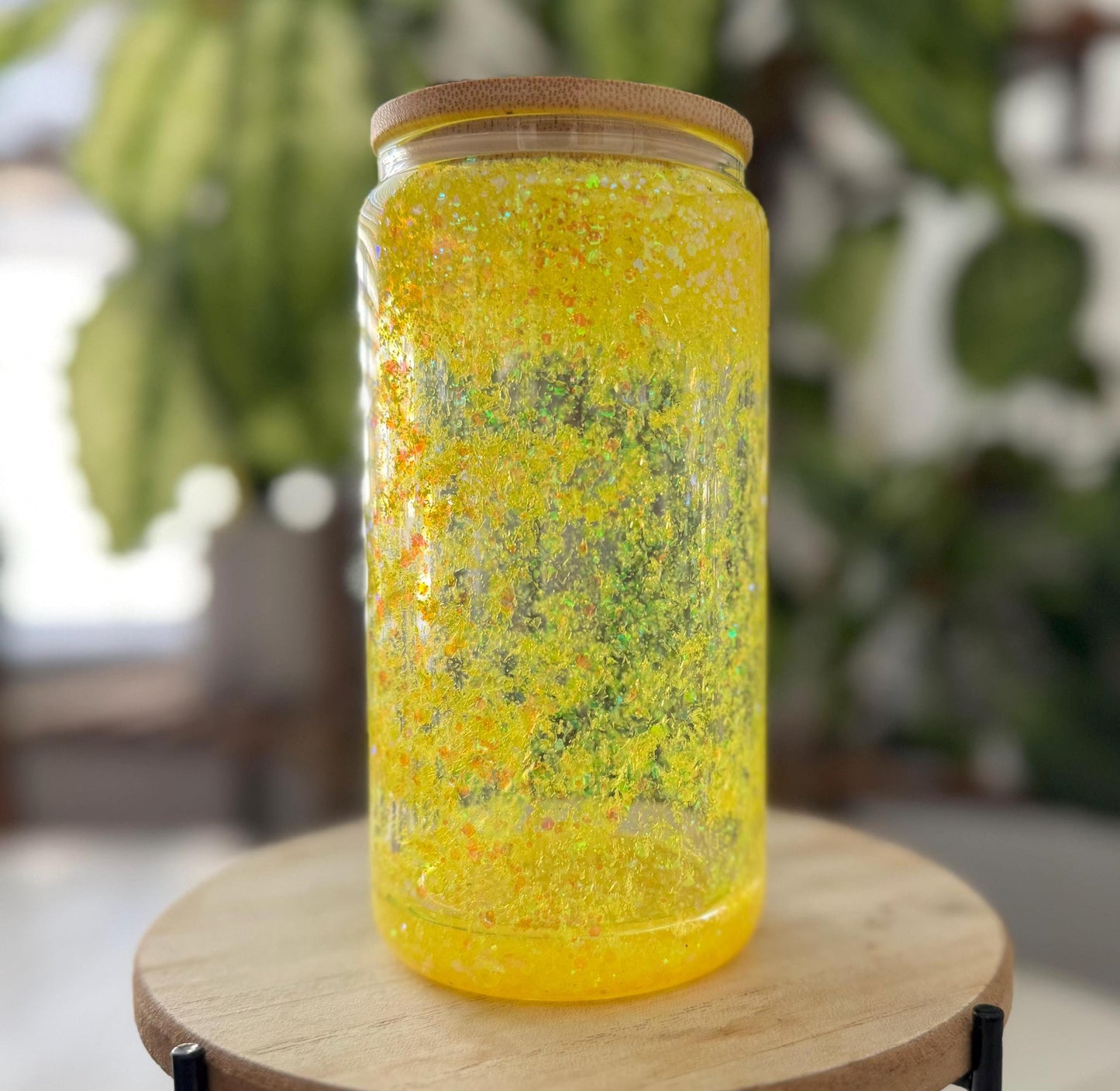 Yellow Neon Glitter Snow globe Glass Tumbler for Iced Coffee with a bamboo lid