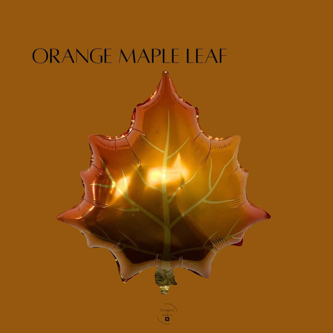 Metallic orange maple leaf mylar balloon, great for fall weddings, Friendsgiving dรฉcor, and Thanksgiving balloon arrangements.