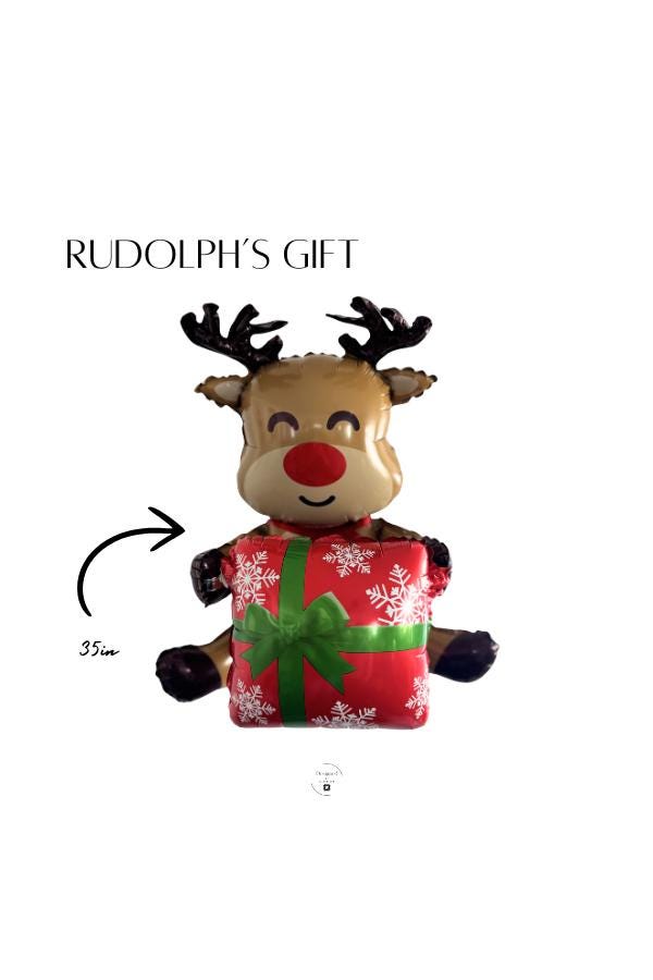 35-inch Rudolph reindeer mylar balloon holding a red gift box with green bow and white snowflakes, Christmas holiday decoration by Designed by Modus.