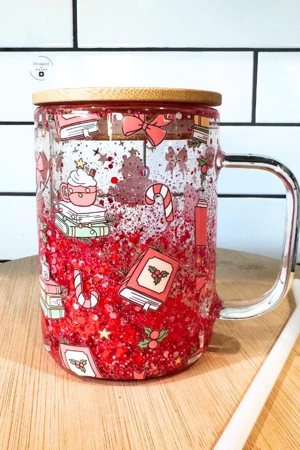 Christmas Glass Cup Red Glitter Mug | Holiday Book Lover Gift | Cozy Cocoa Tumbler with Bamboo Lid | Winter Reading Cup Gift Idea