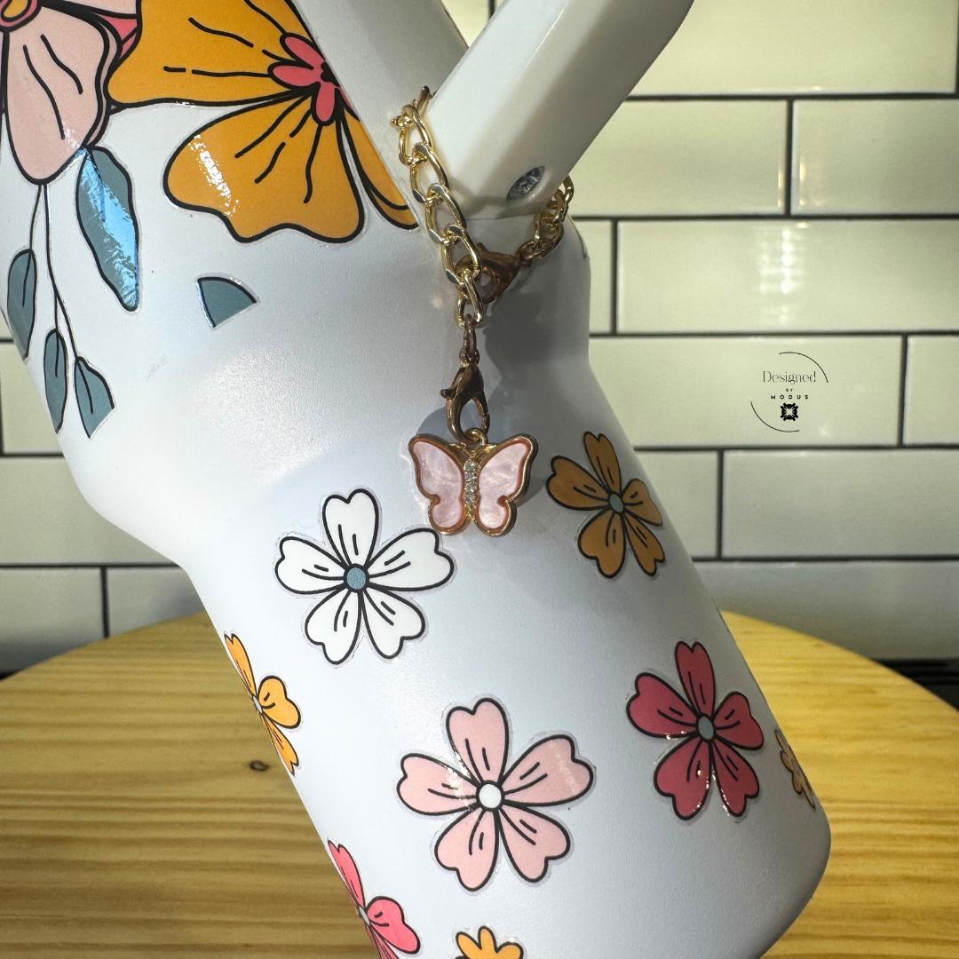 Floral Tumbler with Handle & Lid β Pastel Flower Cup, Butterfly Charm (40oz)