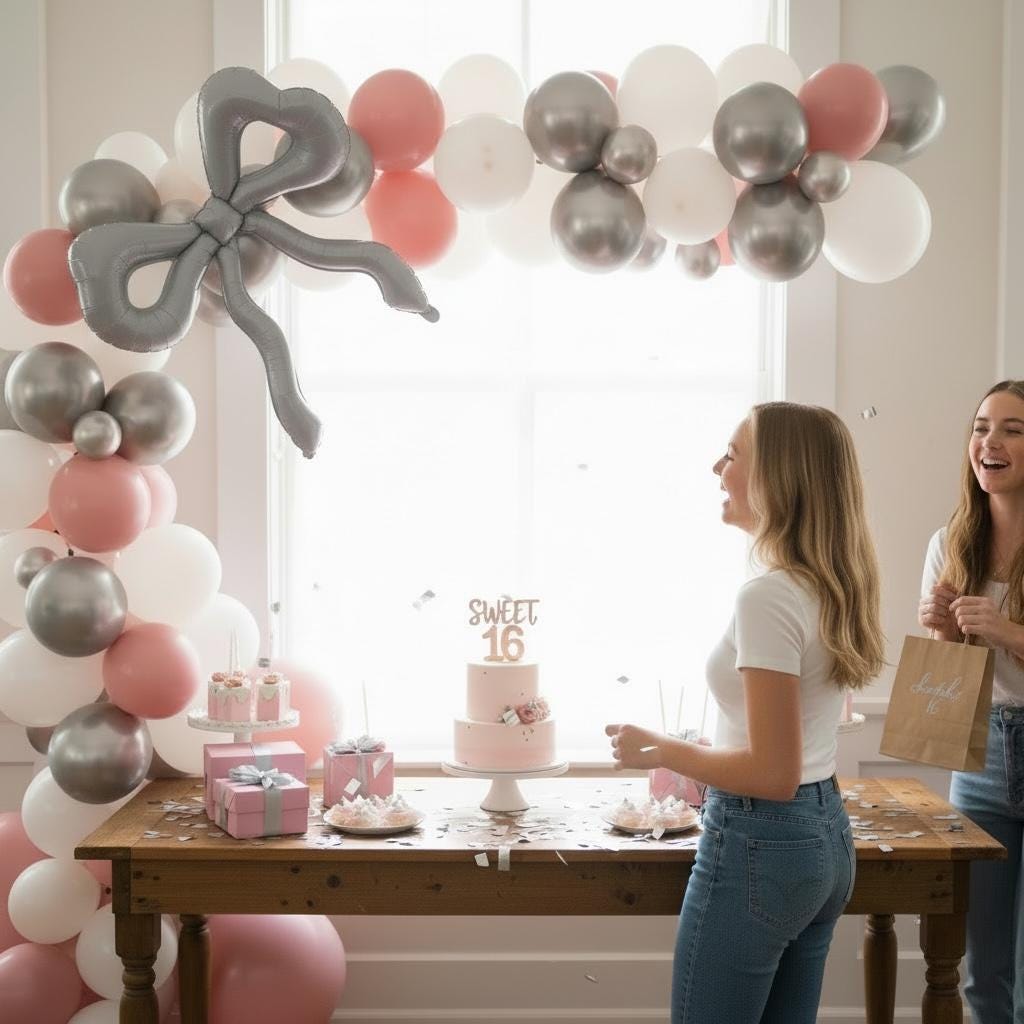 Silver Bow Balloon Wedding Display Giant Foil Design Elegant Celebration Centerpiece Metallic Ribbon Shape Party Decoration Classic Bow Style Anniversary Event Decor Bridal Shower Accessory Special Occasion Setup Festive Background Element