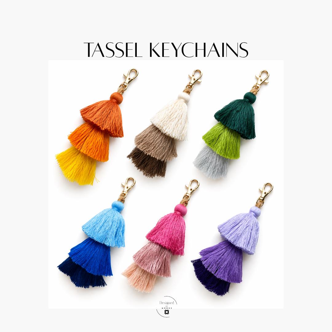 Cotton Tassel Keychain Bag Charm Purse Accessory Backpack Zipper Pull Women Gift Birthday Stocking Stuffer Teacher Appreciation Tote Accent Three Tier Design Gold Clasp Five Inch Length Colorful Options Orange Yellow Neutral Teal Green Blue