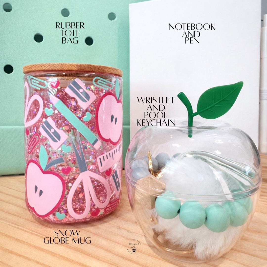 School Supply Theme Gift Bundle Teacher Appreciation Set Seven Piece Collection Pink Glitter Snow Globe Tumbler Cup Apple Container Jar Beaded Wristlet Keychain Tote Bag Notebook Pen Classroom Desk Accessory Package Educator Thank You