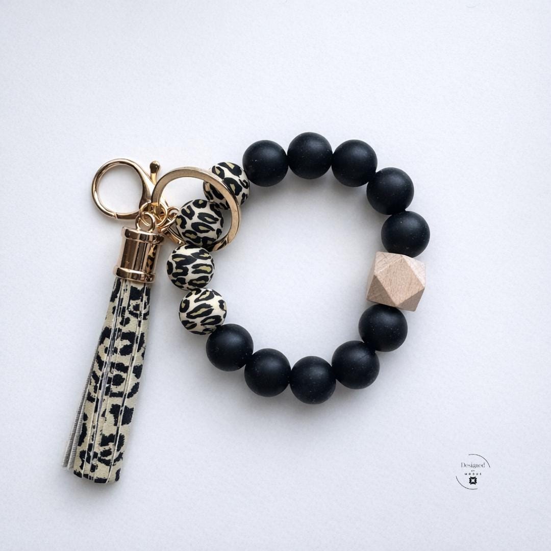 Silicone Marble Wooden Bead Wristlet Keychain Bracelet Women Everyday Accessory Handsfree Key Holder Wrist Strap Shopping Essential Faux Leather Tassel Charm Design Gold Keyring Clasp Attachment Stretch Fit Comfortable Wear Perfect Mom Gift