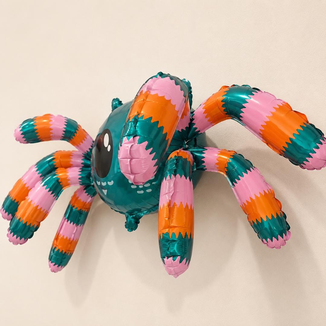 Novelty Balloon Children Event Preschool Fun Halloween Party Supply Kids Birthday Celebration Cute Spider Mylar Standing Air Filled Foil Design Cartoon Character Teal Orange Pink Striped Legs Toddler Gift Self Standing Indoor Decoration