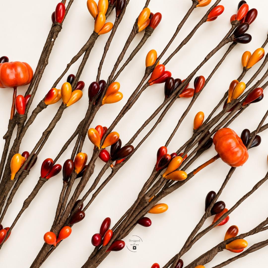 Thanksgiving Centerpiece Arrangement Artificial Berry Stems Fall Floral Picks Farmhouse Mantle Display Orange Burgundy Pumpkin Accent Harvest Seasonal Styling Rustic Autumn Home Gift Set DIY Craft Supply Branch Collection Versatile