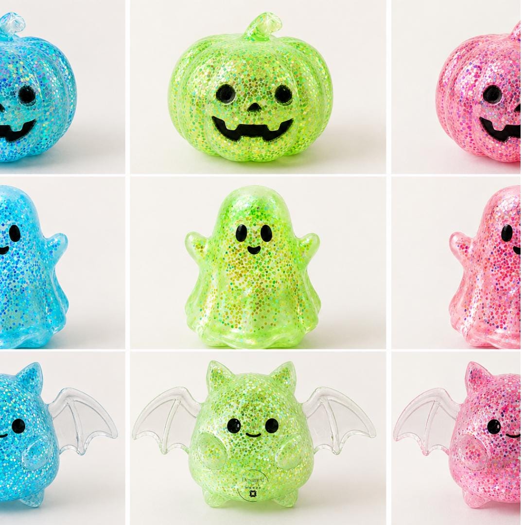 Sensory Fidget Toy Halloween Squishy Set Kid Friendly Non Toxic Material Glitter Translucent Rubber Squeeze Item Pumpkin Ghost Bat Design Certified Safe Latex Free BPA Free Flexible TPR Construction Perfect Party Favor Gift Classroom Reward