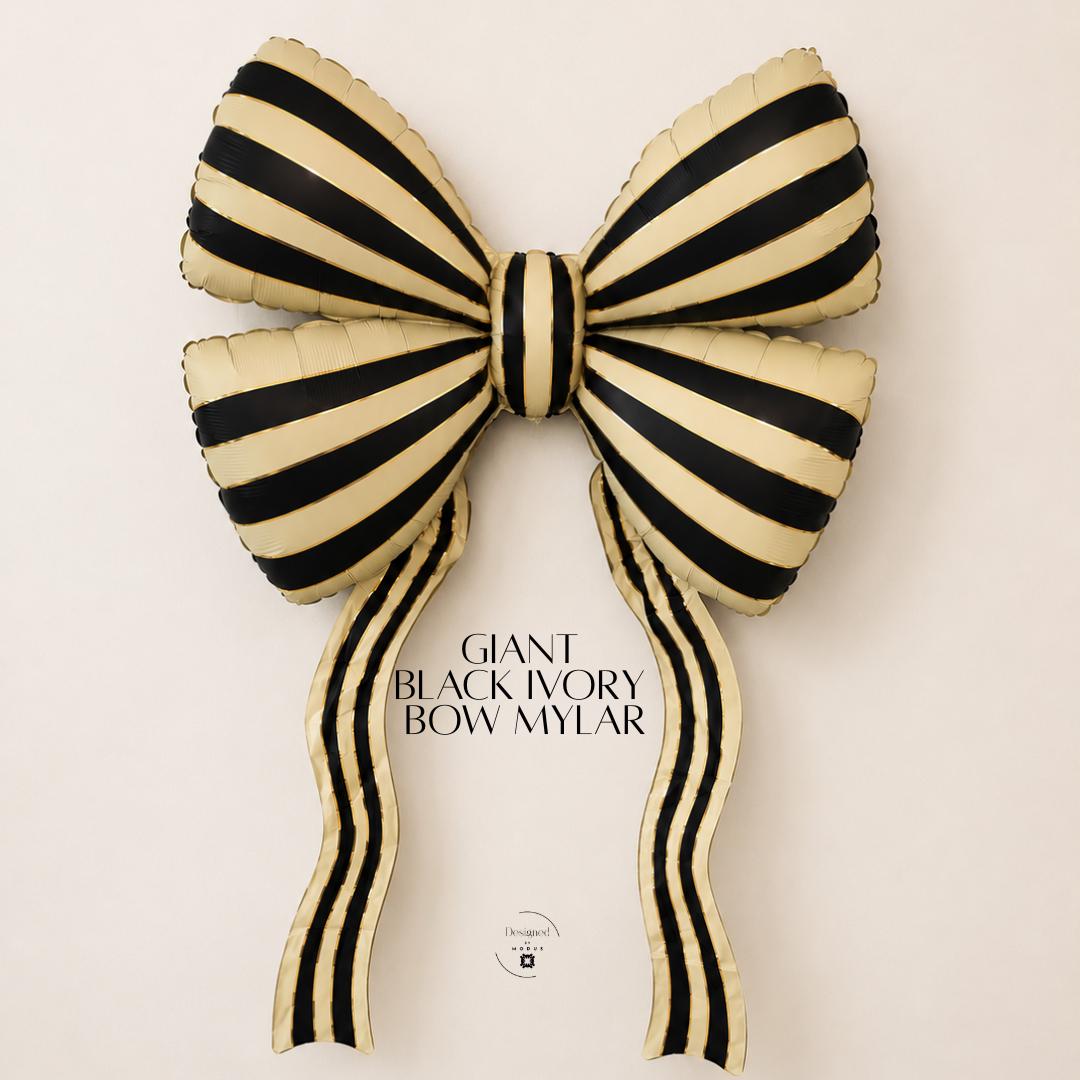 Giant Striped Bow Balloon Black Cream Ivory Mylar Party Decoration Long Ribbon Tails Birthday Holiday Celebration Photo Backdrop