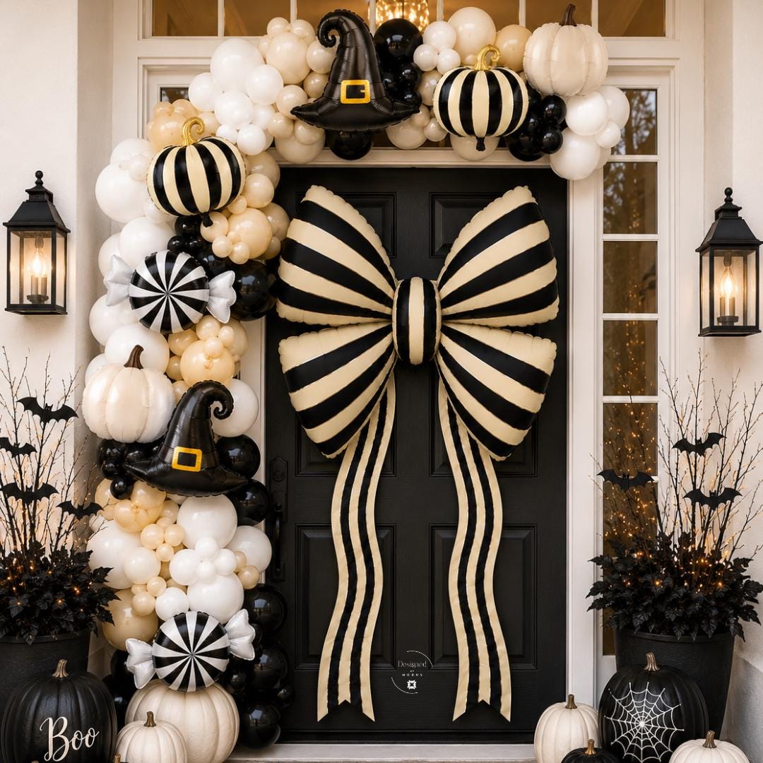 Halloween Balloon Garland Kit Black White Neutral Balloon Arch Witch Pumpkin Bow Mylar Gothic Halloween Party Decor