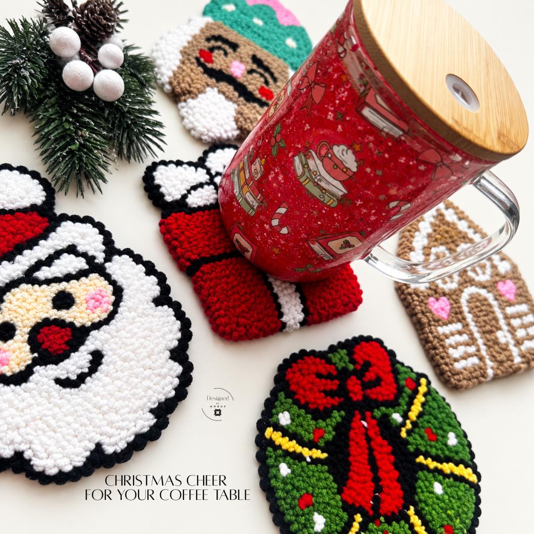 Christmas mug rug collection featuring colorful Santa, gingerbread house, holiday wreath and wrapped Christmas present designs. Festive textured drink coasters for holiday coffee, tea and hot cocoa. Cute Christmas stocking stuffer, teacher gift, coworker present, Secret Santa gift, hostess gift and small holiday gift for women, friends and family.