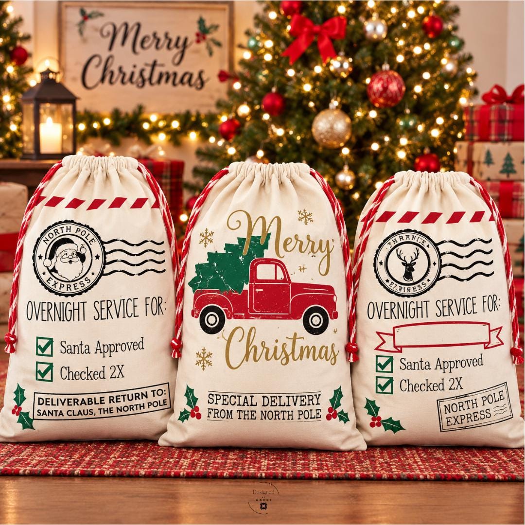 Collection of eight extra large Christmas Santa sacks featuring festive designs including vintage Christmas truck, Merry Christmas lettering, reindeer express delivery, North Pole post office, Santa approved checklist and Rudolph Express graphics. Oversized drawstring Christmas gift bags in natural, red and green colors. Personalized Christmas present bags for kids, holiday gift packaging, Christmas morning surprises and reusable Santa gift sacks.