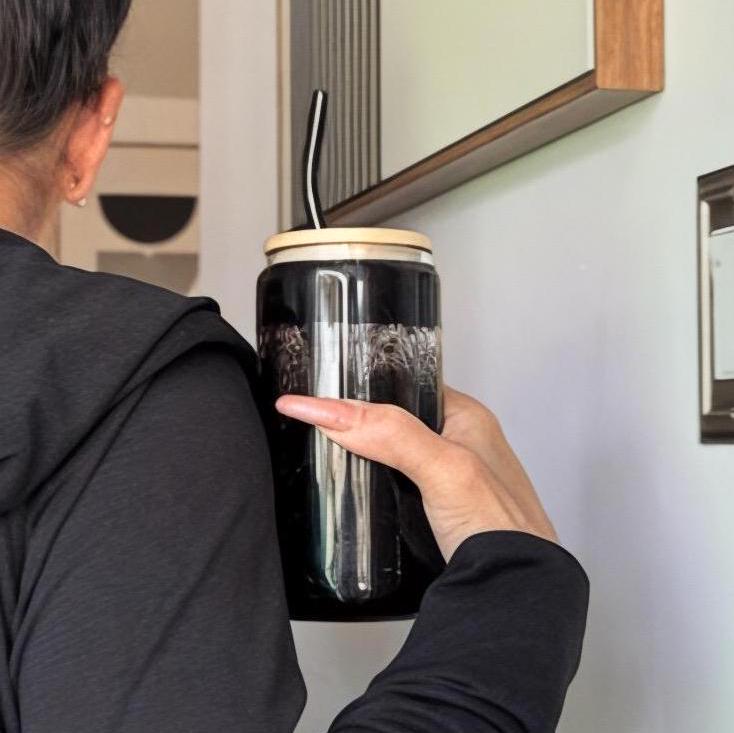 woman holding Glass Glitter Tumbler for Iced Coffee