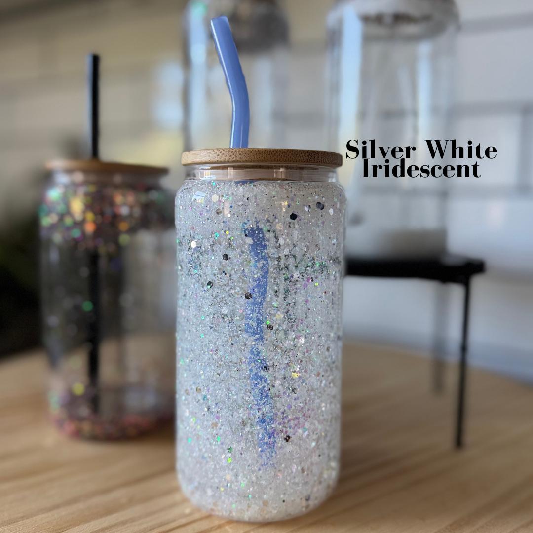 Snow Globe Sparkle Tumbler with wavy glass straw