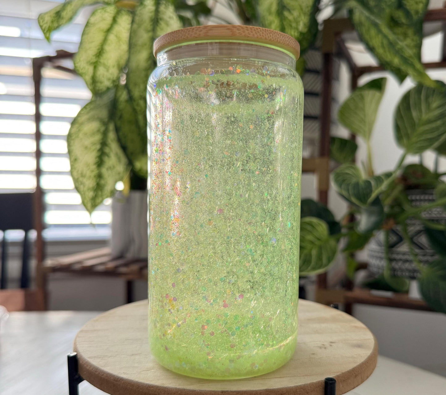 Green Neon Glitter Snow globe glass tumbler with bamboo lid