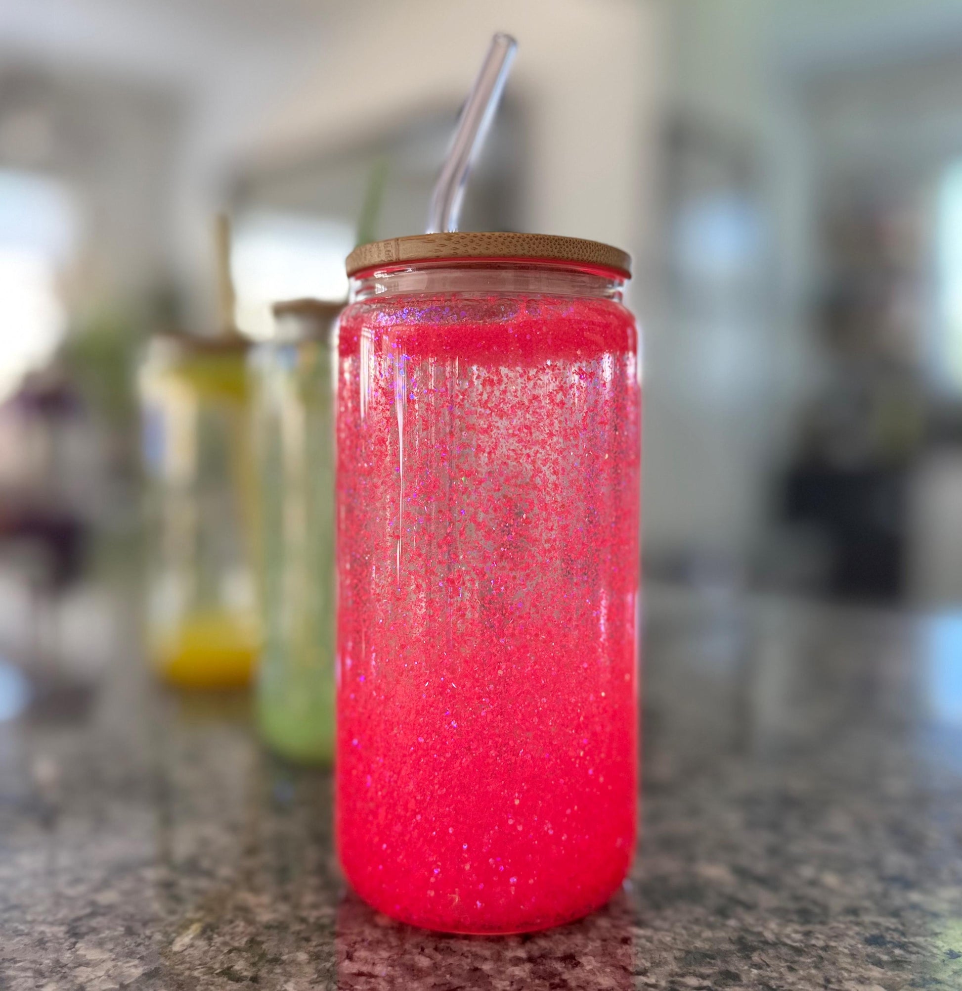 Pink Neon Glass Snow Globe  Tumbler with pink glass straw
