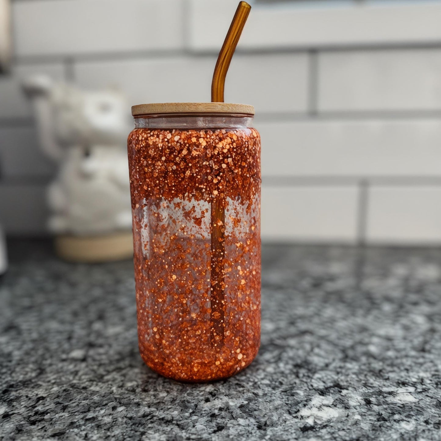 Retro Glitter Glass Tumbler: 16oz Iced Coffee Cup with Bamboo Lid