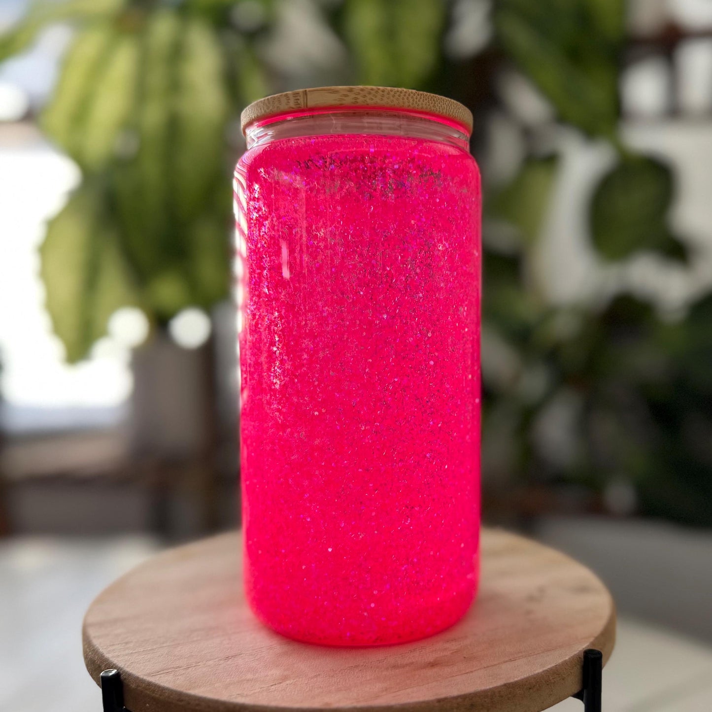 Pink Neon Snow Globe Glass Tumbler with bamboo lid