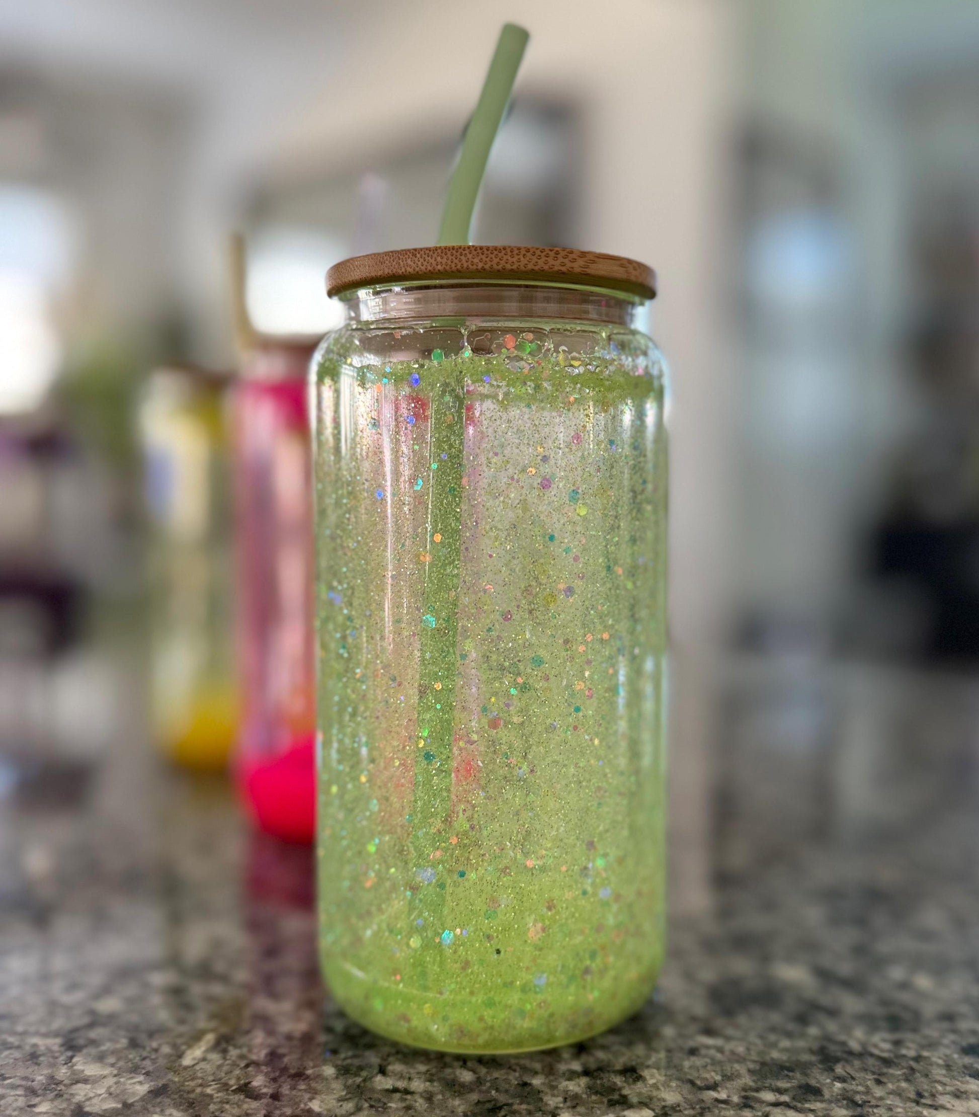 Green Neon Snow Globe Glass Tumbler 16oz with green jade glass straw