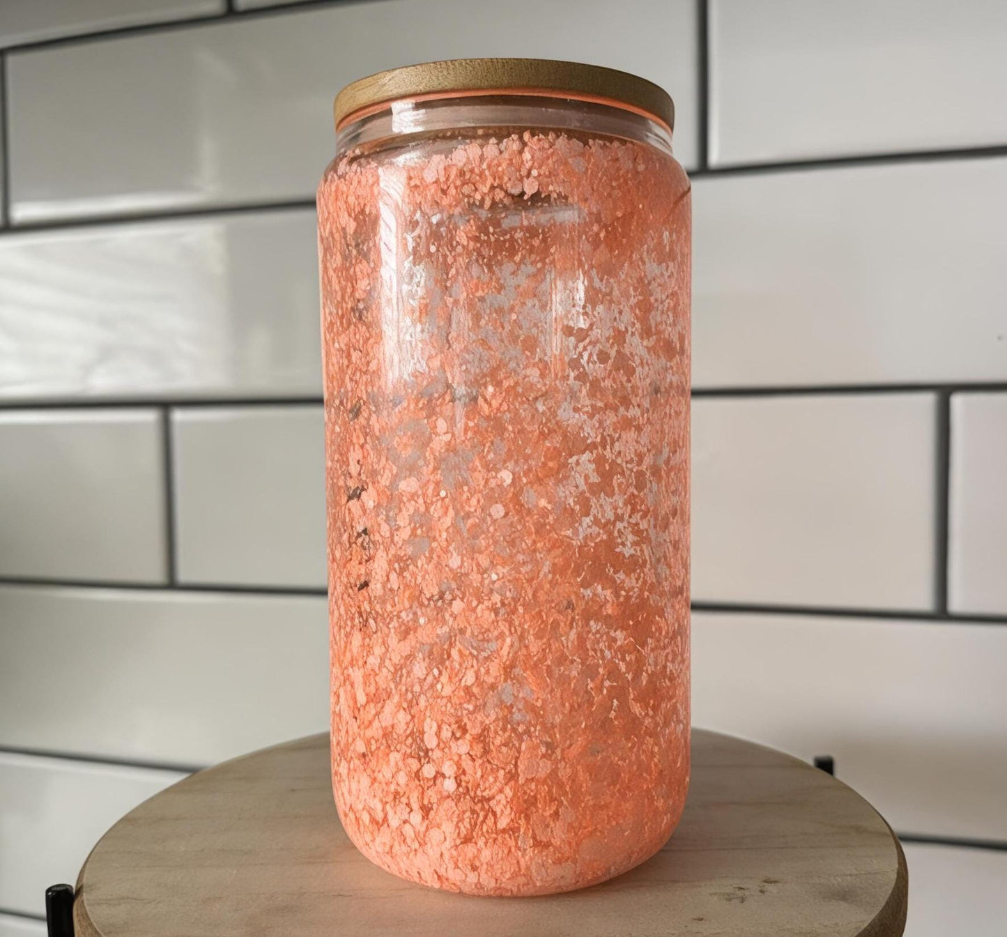 Retro Glitter Glass Tumbler: 16oz Iced Coffee Cup with Bamboo Lid