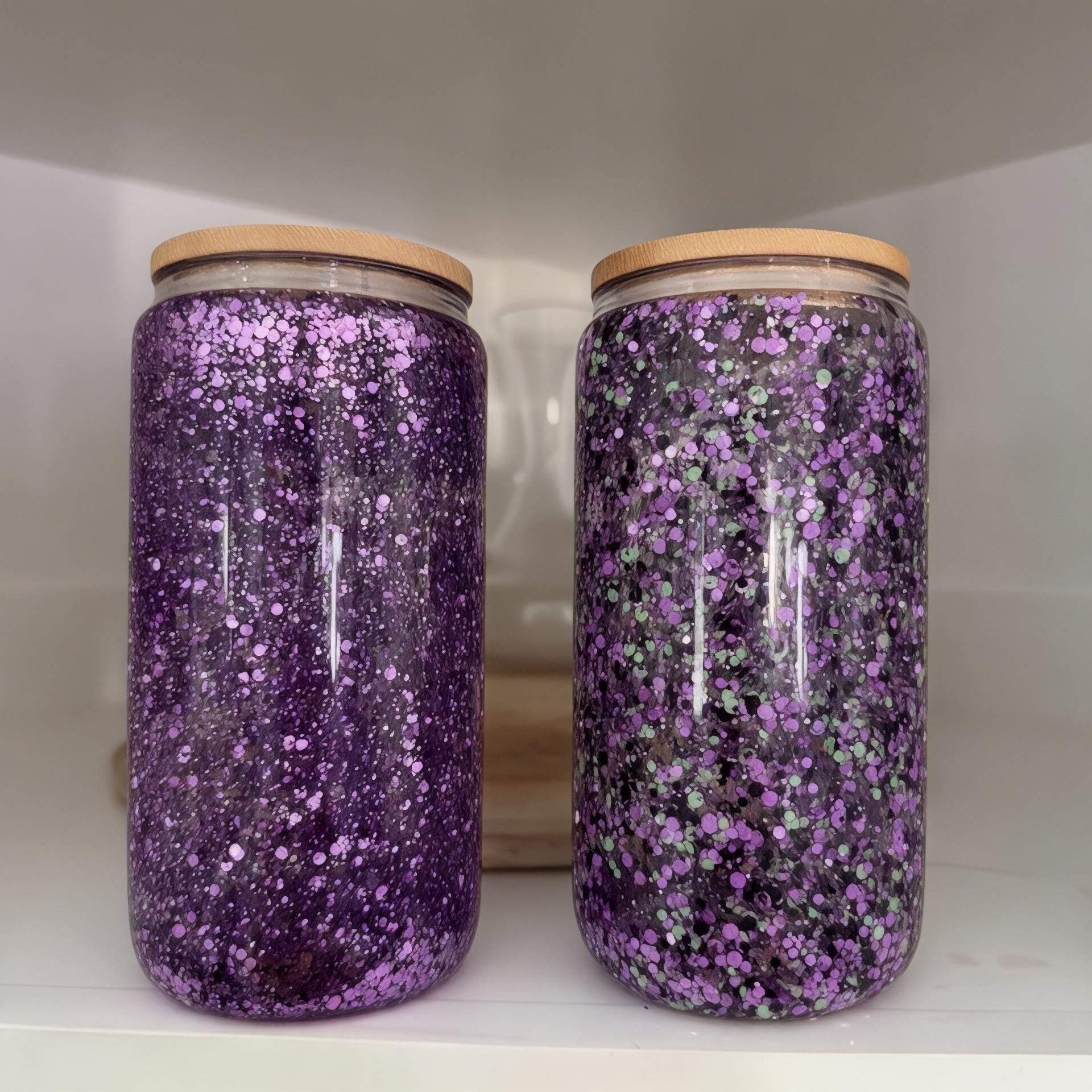 Two Purple Sparkle Glass Tumblers with bamboo lid
