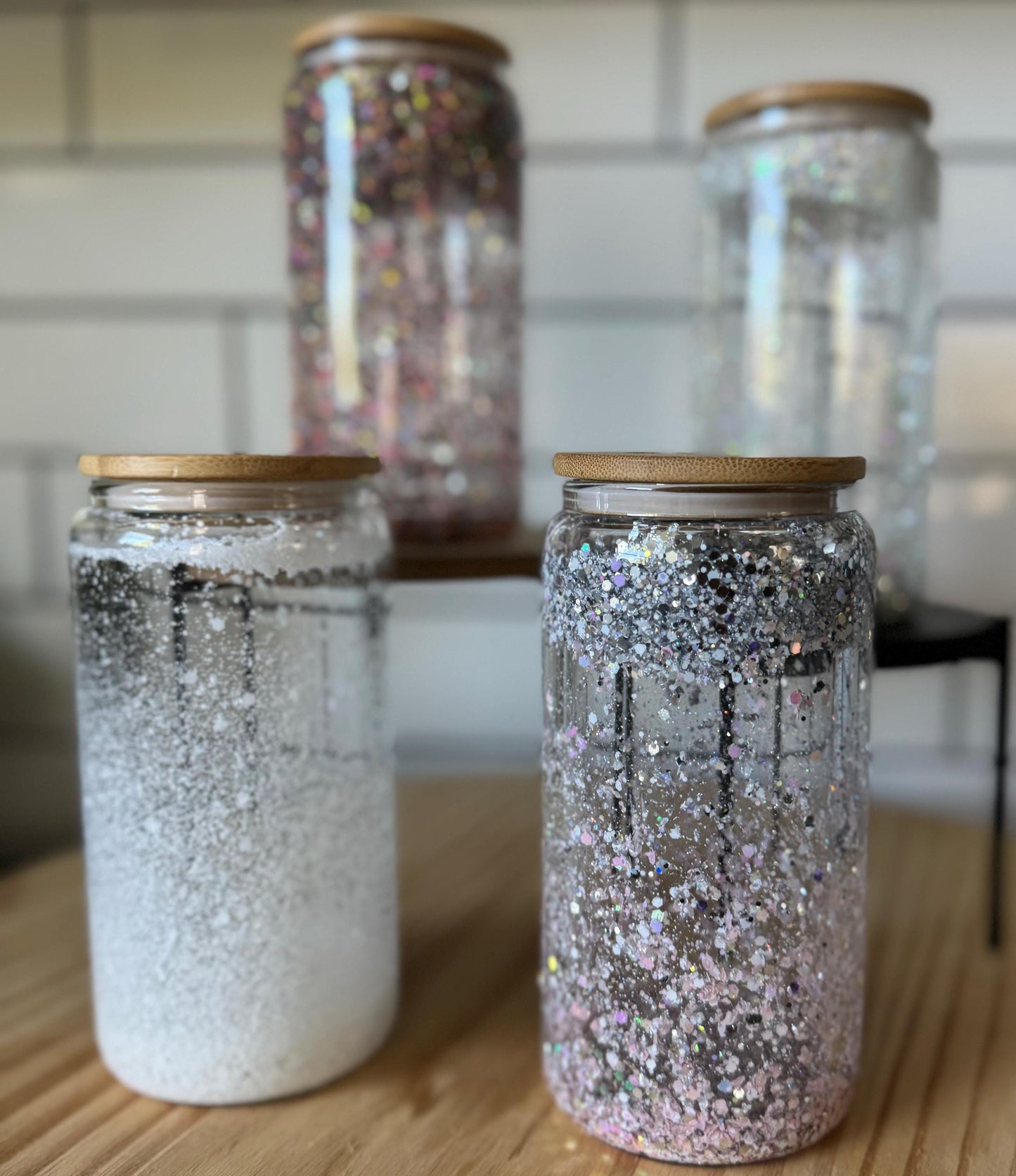 Snow Globe Iced Coffee Cup: 16oz Sparkly Glass Tumbler with Bamboo Lid