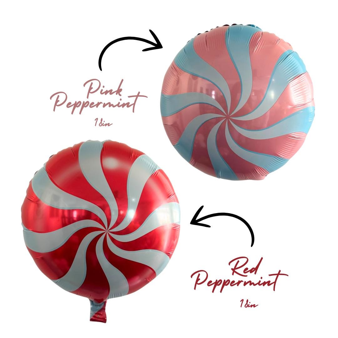 pink peppermint foil balloon, red peppermint candy cane mylar balloon