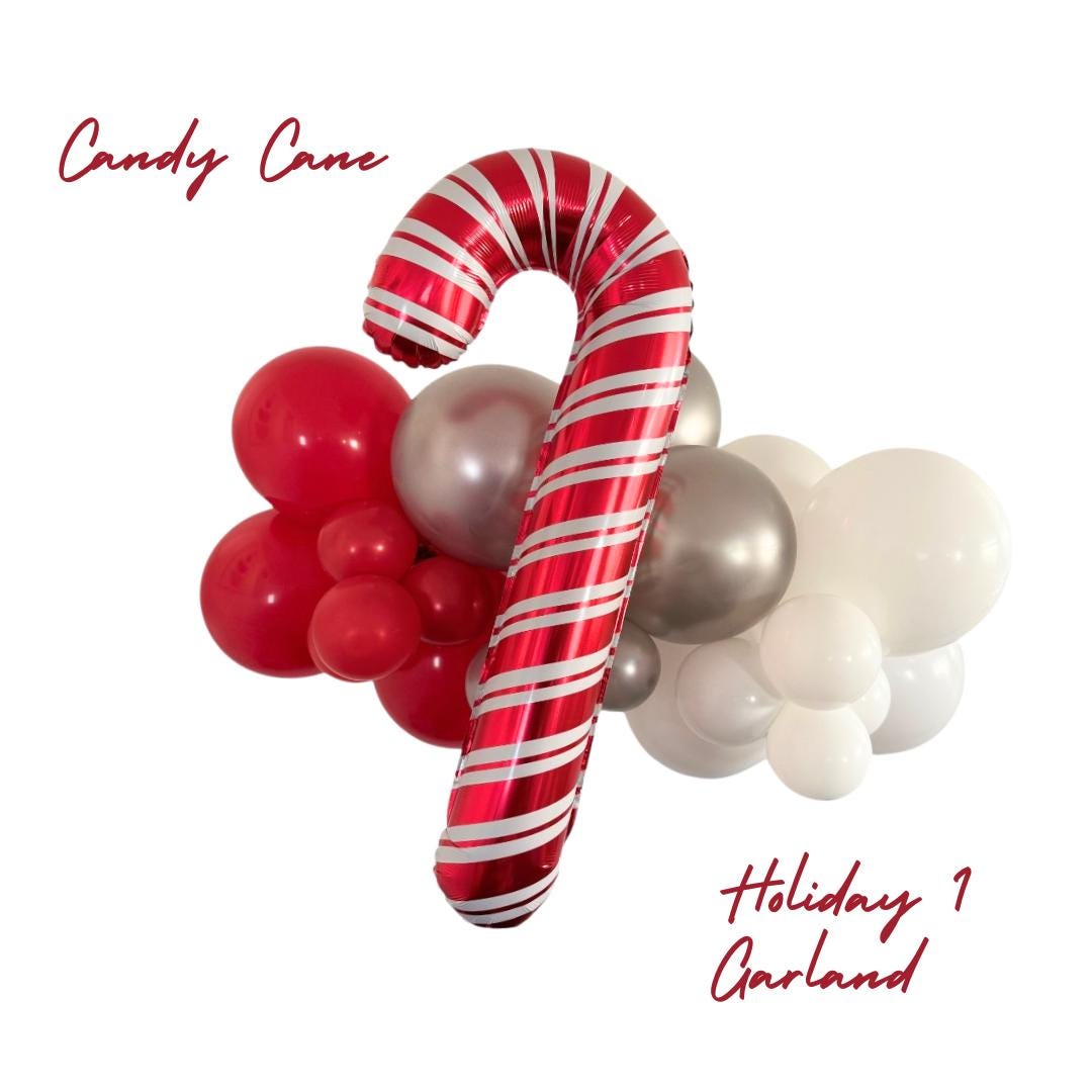 peppermint candy cane with red and white balloon garland