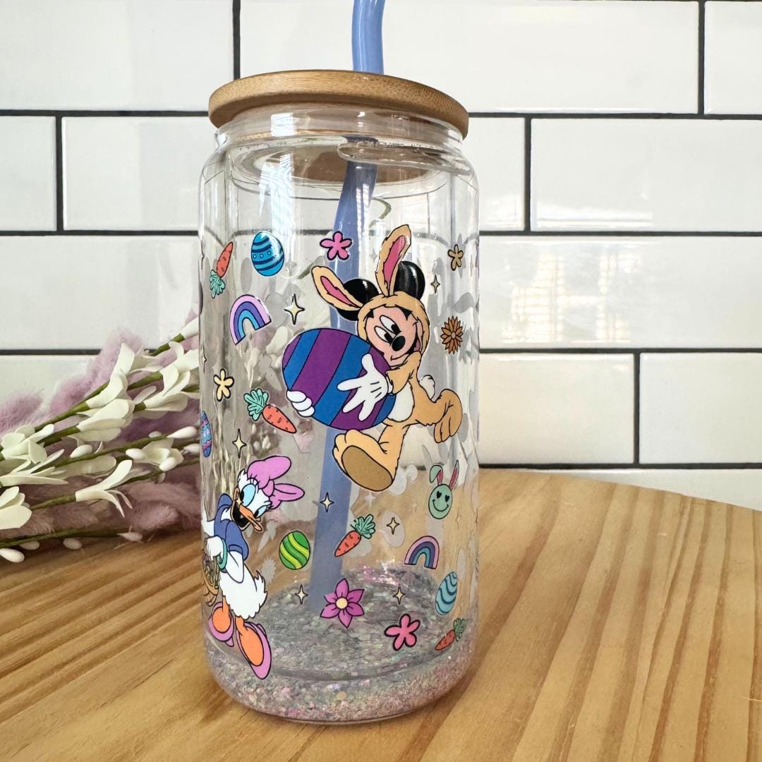 Tumbler for Iced Coffee Mickey and Friends Gift for Mom Glass Tumbler 16oz Glass Glitter TO GO Cup Snow Globe Daisy Duck Tumbler Disney Gift