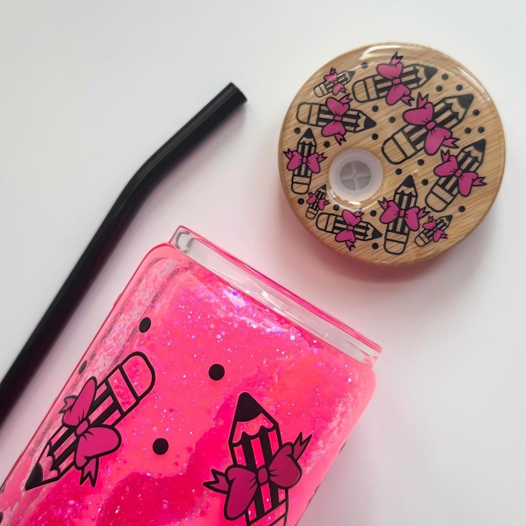 Teacher Appreciation Gift Glass Tumbler Pink Glitter Pencil and Bows