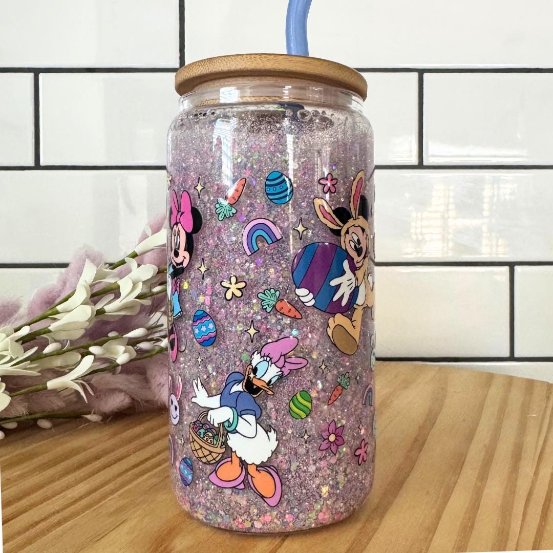 Tumbler for Iced Coffee Mickey and Friends Gift for Mom Glass Tumbler 16oz Glass Glitter TO GO Cup Snow Globe Daisy Duck Tumbler Disney Gift