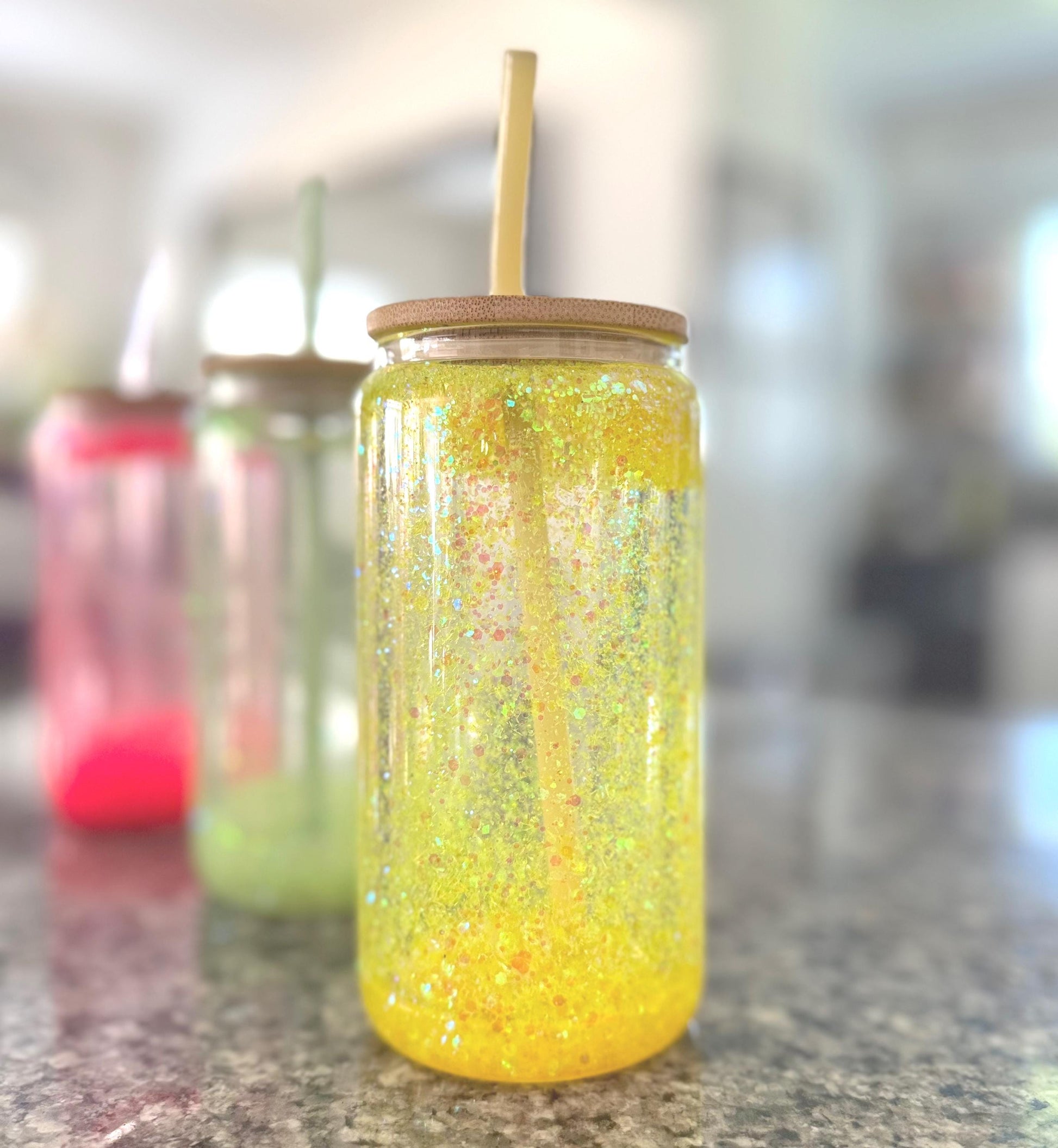 Yellow Neon  Snow Globe Tumbler with Neon Glitter with yellow glass straw