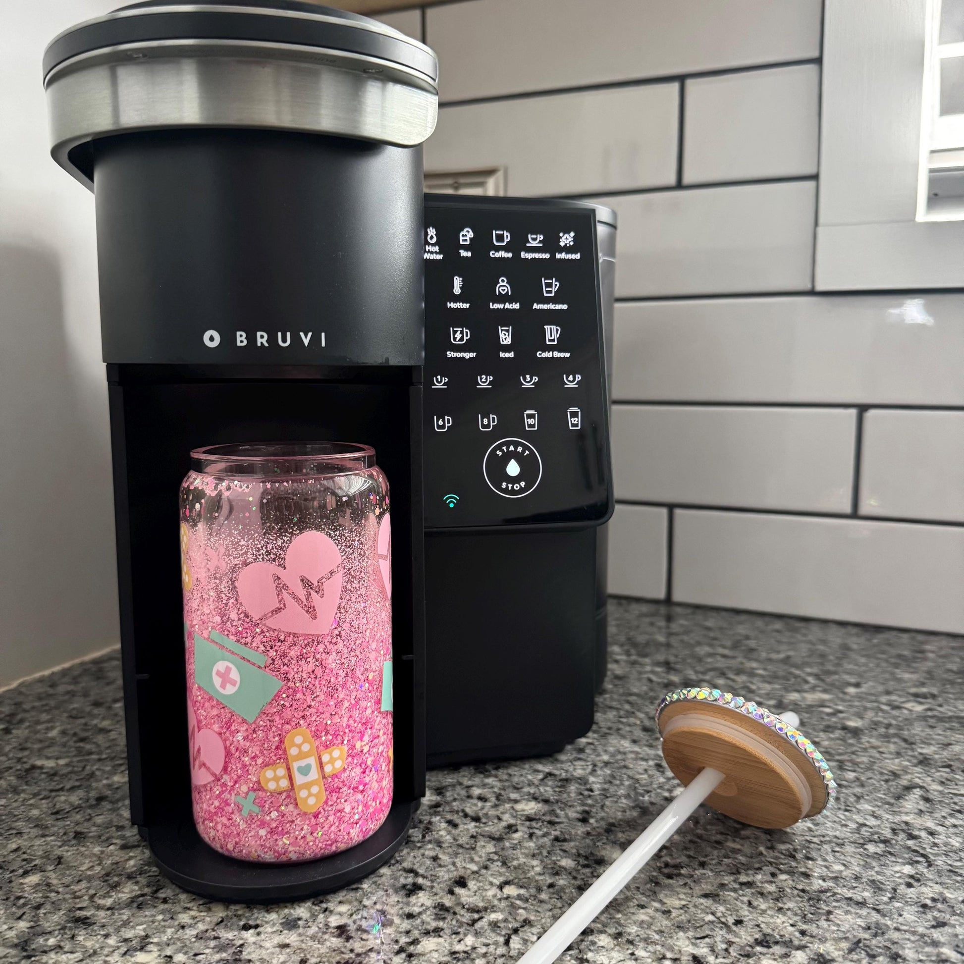 Coffee Glass Tumbler 16oz Pink Glitter