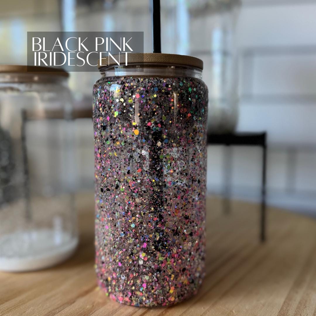 Snow Globe Iced Coffee Cup: 16oz Sparkly Glass Tumbler with Bamboo Lid