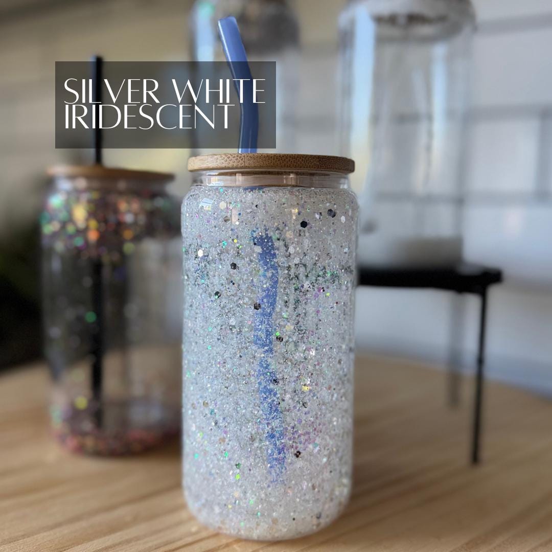Custom Glitter Snow Globe Iced Coffee Cup: 16oz Glass Tumbler with Bamboo Lid & Straw