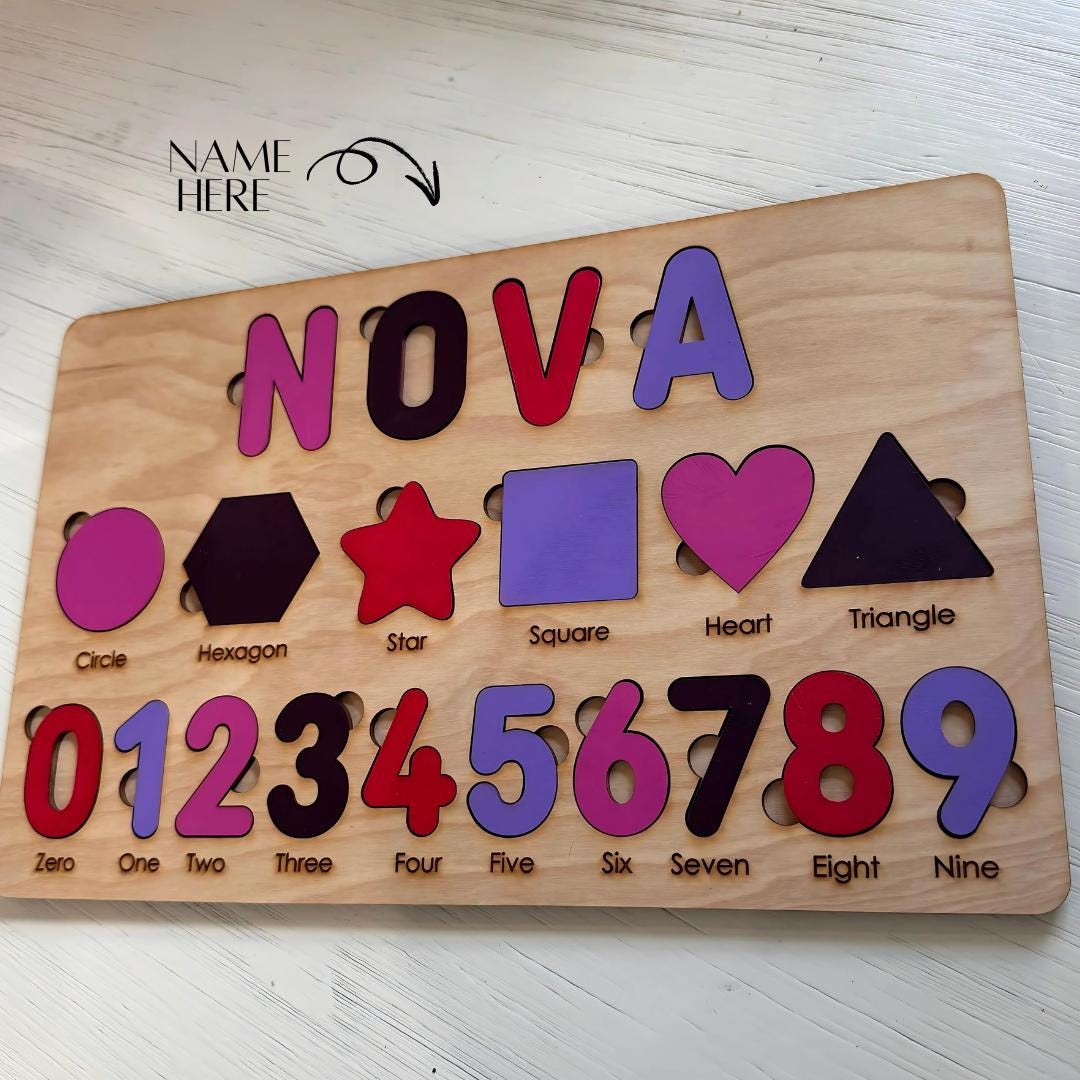 Personalized Wooden Name Puzzle: Montessori Toy with Shapes & Numbers