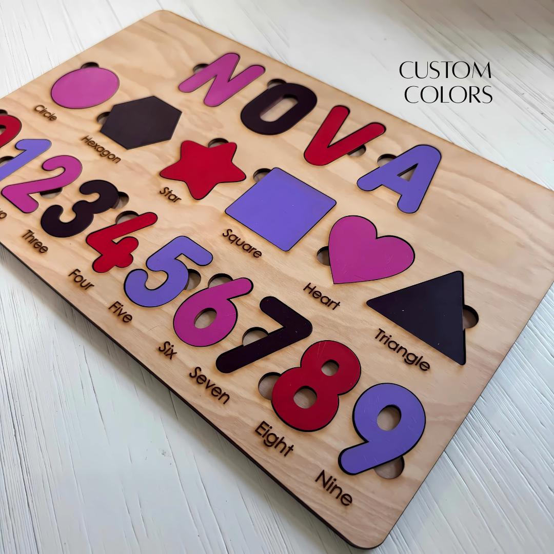 Personalized Wooden Name Puzzle: Montessori Toy with Shapes & Numbers