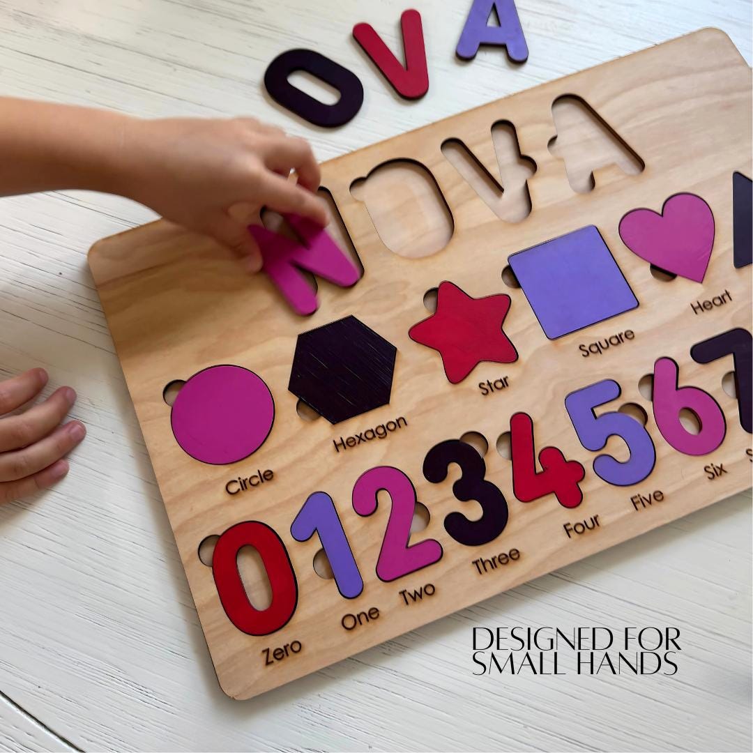 Personalized Wooden Name Puzzle: Montessori Toy with Shapes & Numbers