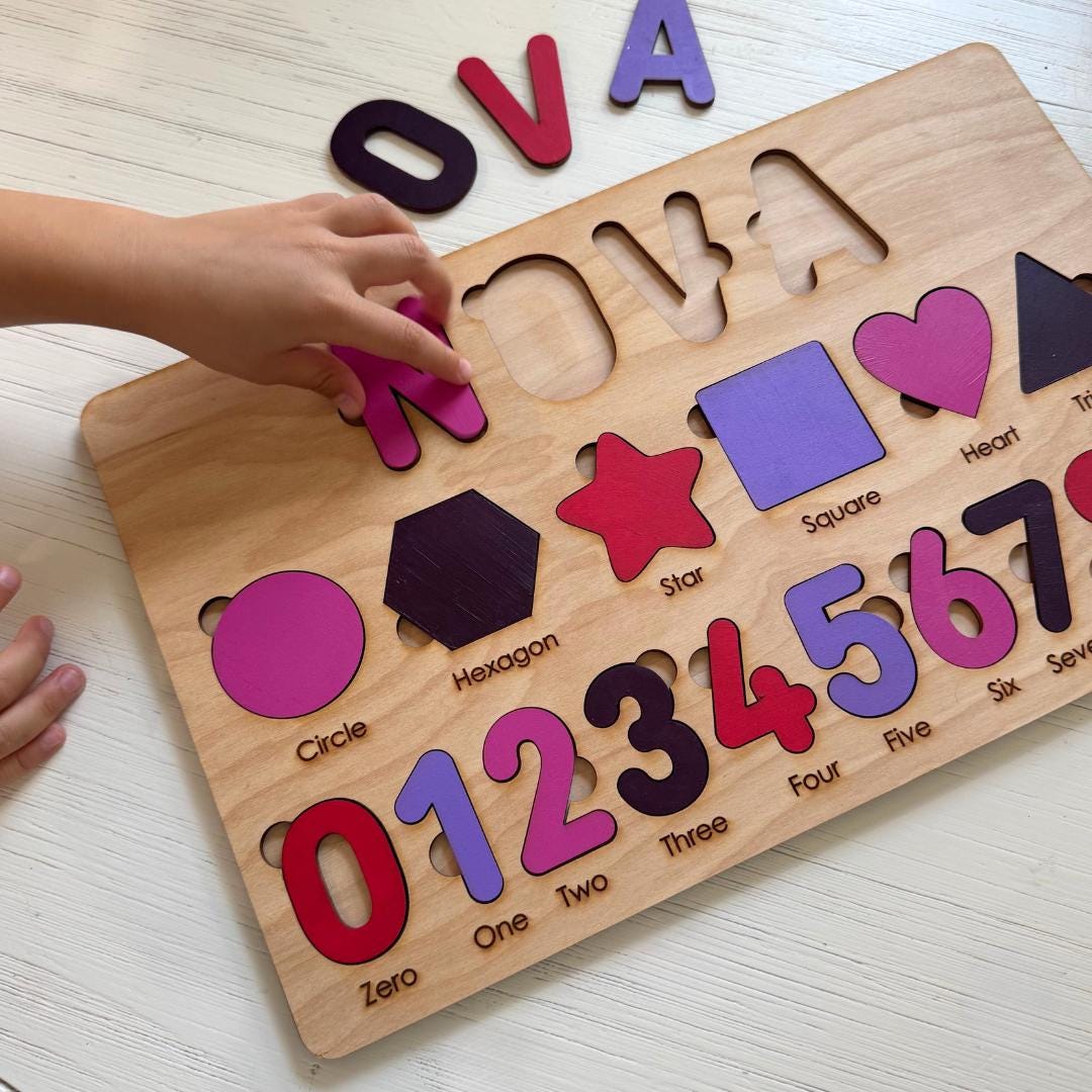 Personalized Wooden Name Puzzle: Montessori Toy with Shapes & Numbers
