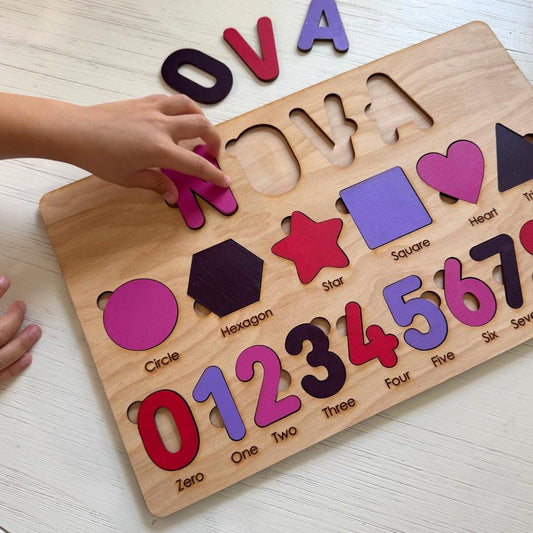 Personalized Wooden Name Puzzle: Montessori Toy with Shapes & Numbers