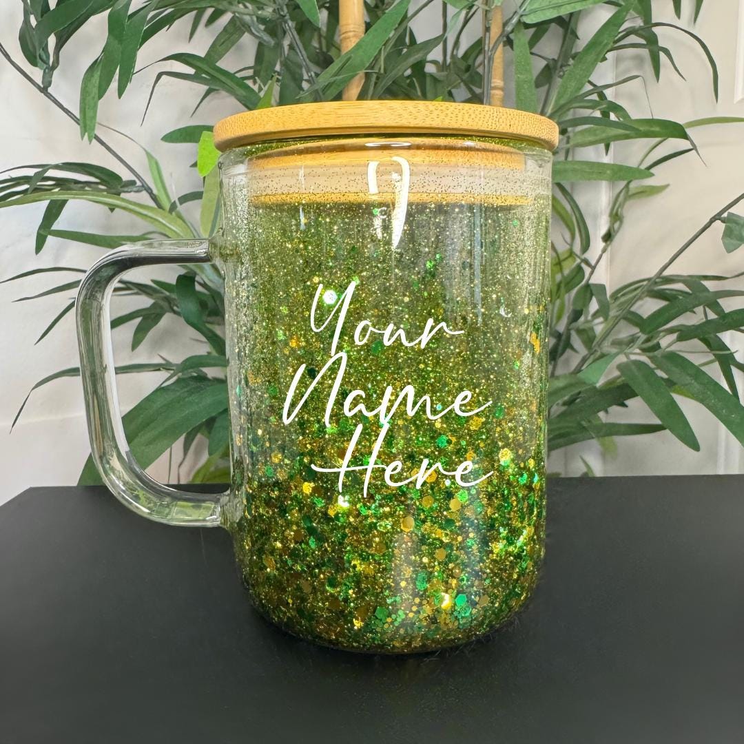 Personalized Snow Globe Mug: Glitter Glass Tumbler, Custom Name
