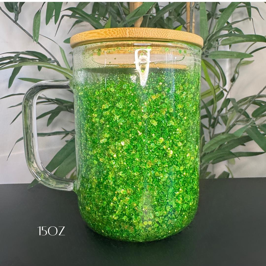 Personalized Glitter Snow Globe Coffee Cup: Frosted Glass Iced Latte Tumbler