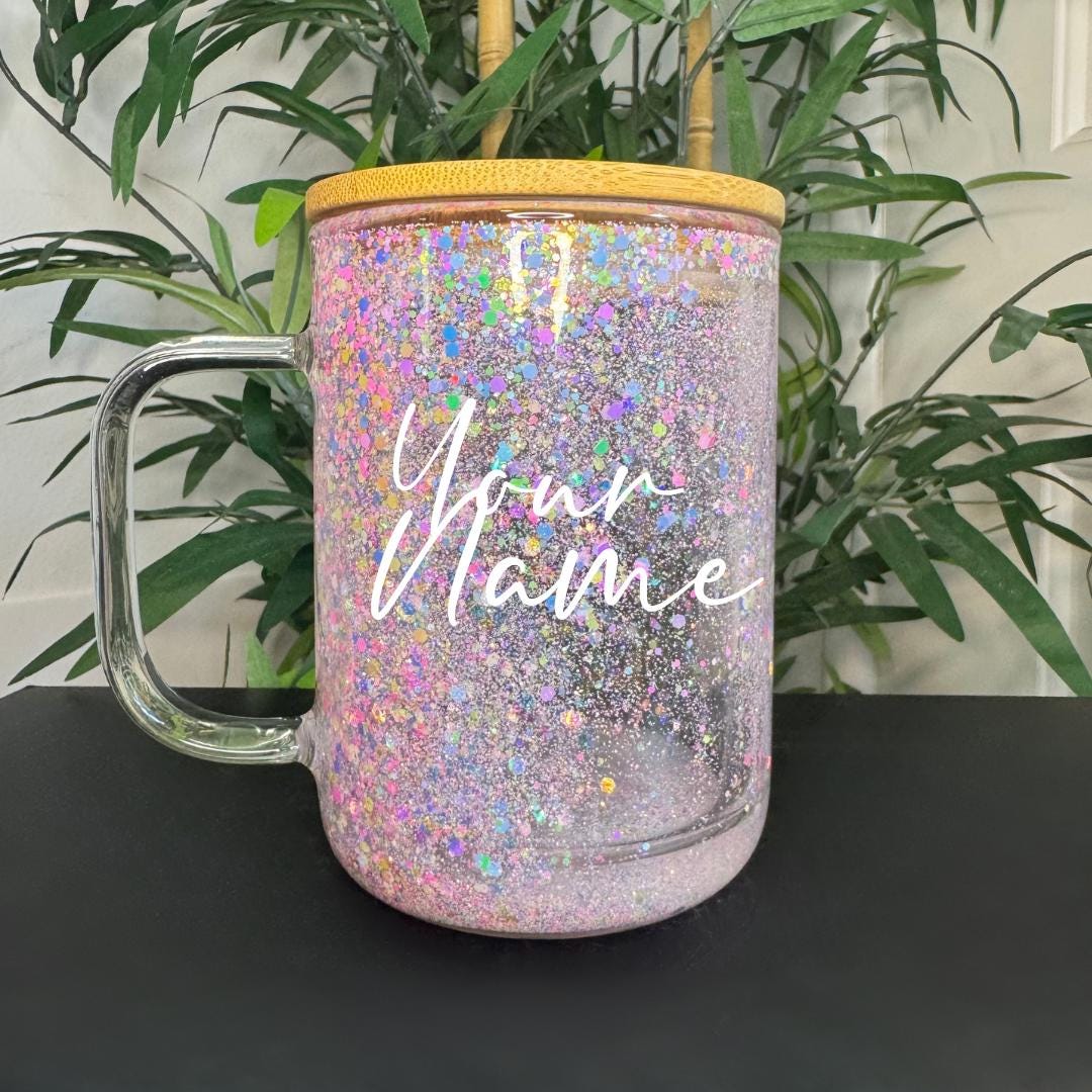 Personalized Glitter Snow Globe Glass Tumbler: Custom Name Iced Coffee Mug