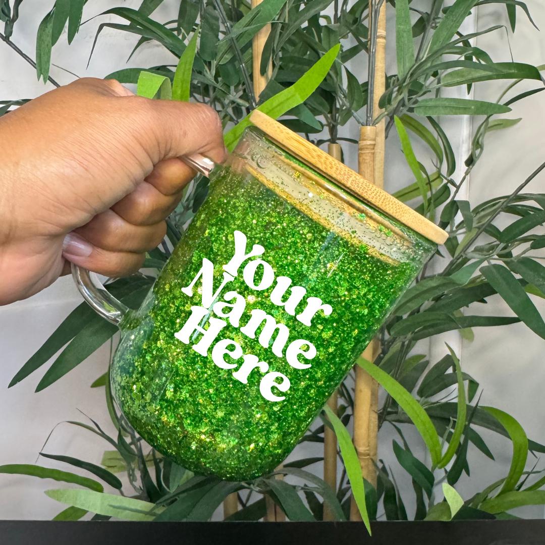 Personalized Glitter Snow Globe Coffee Cup: Frosted Glass Iced Latte Tumbler