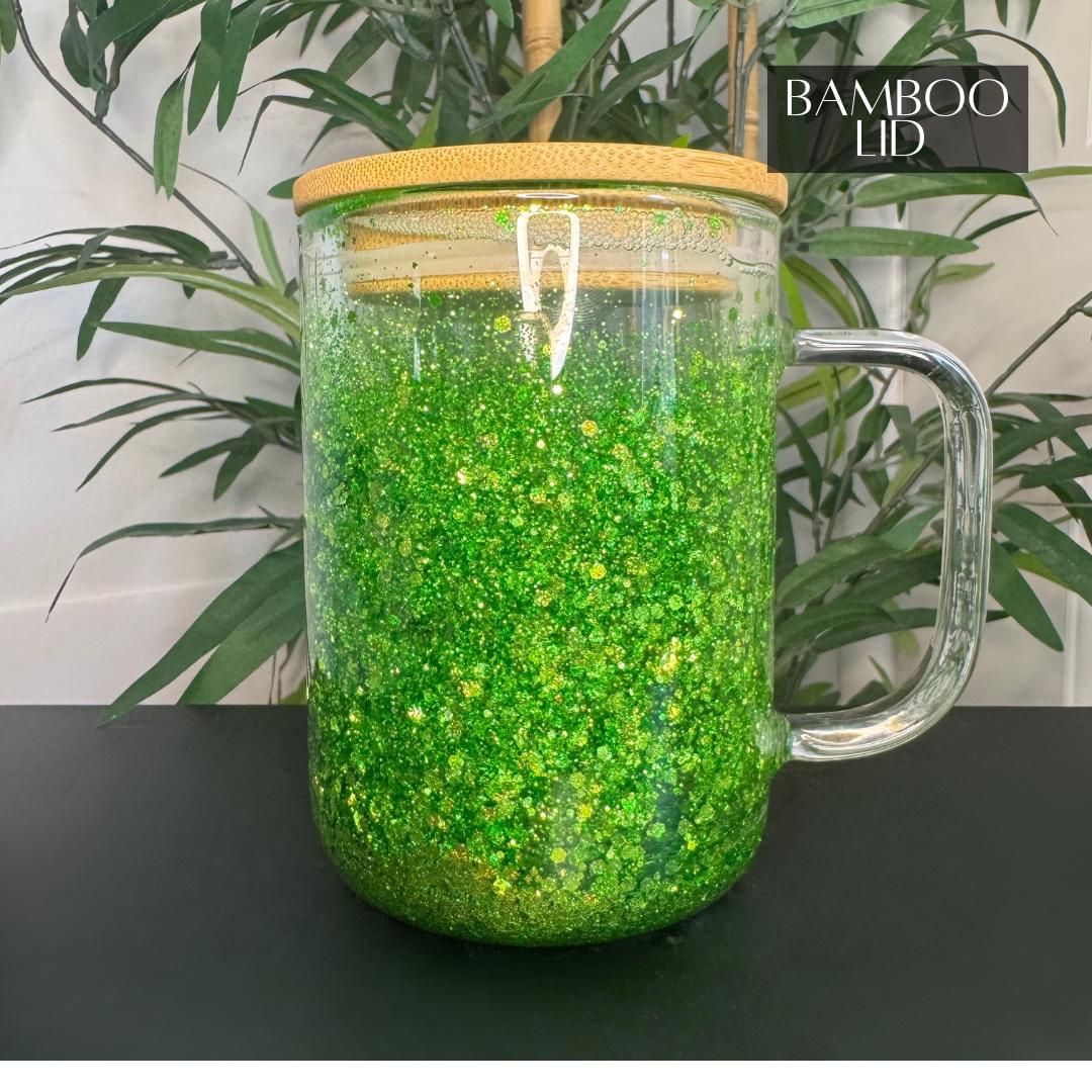 Personalized Glitter Snow Globe Coffee Cup: Frosted Glass Iced Latte Tumbler