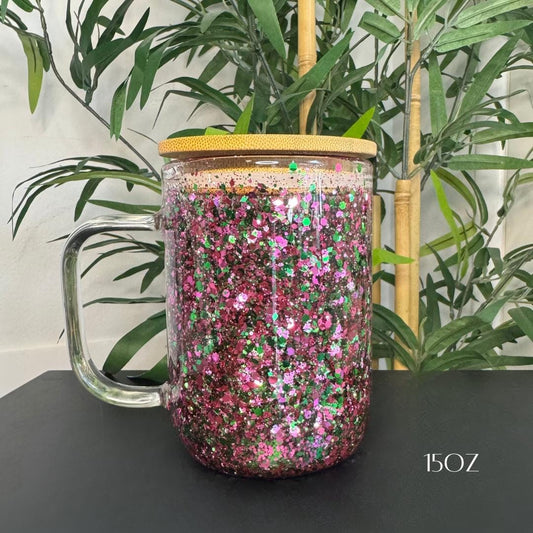Purple and Green Glitter Snow Globe Tumbler: Custom Glass Iced Coffee Cup