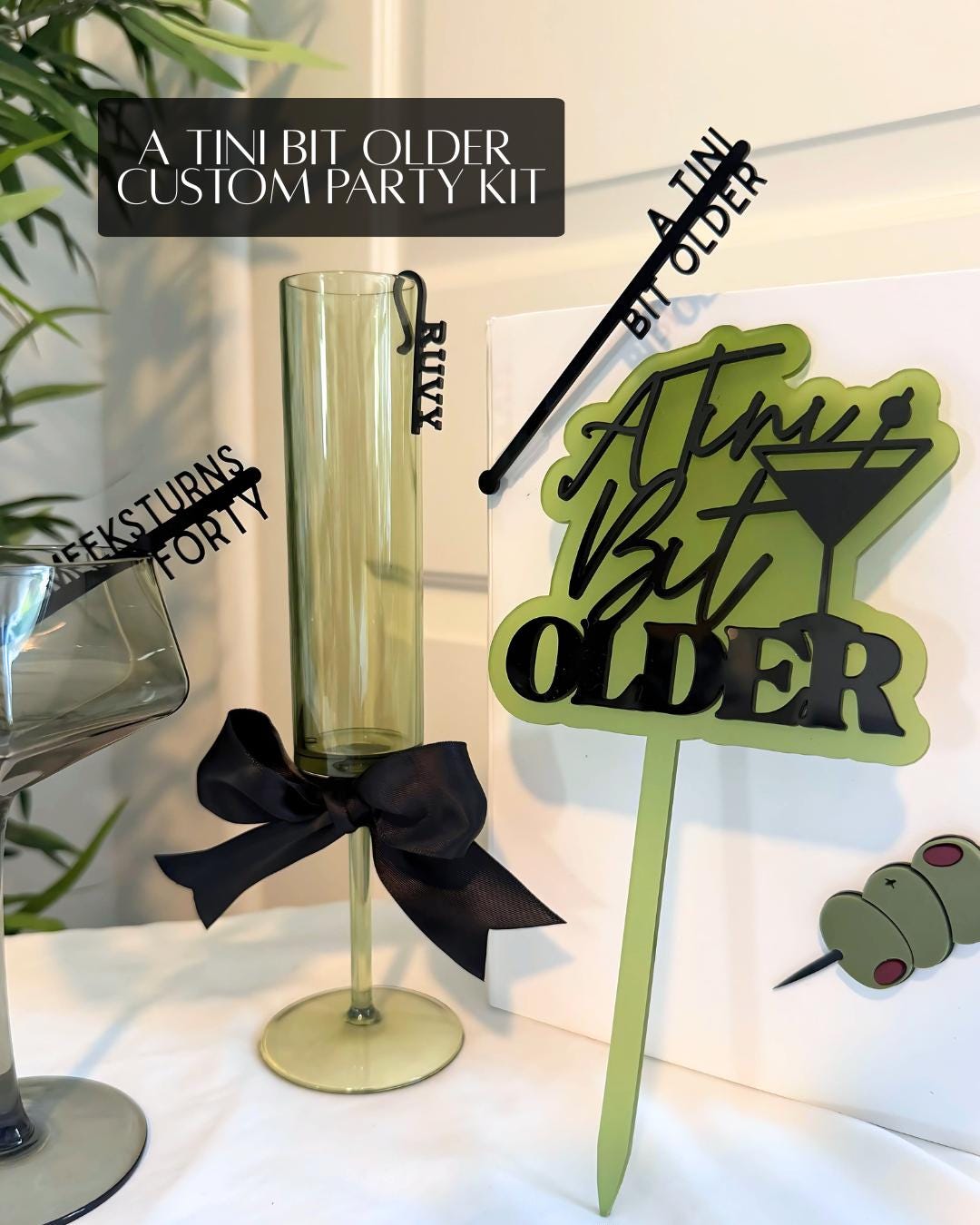 A Tini Bit Older Party Decor Kit Martini Birthday Decorations Custom Name Wine Glass Charms Martini Party Cake Topper Decor Set