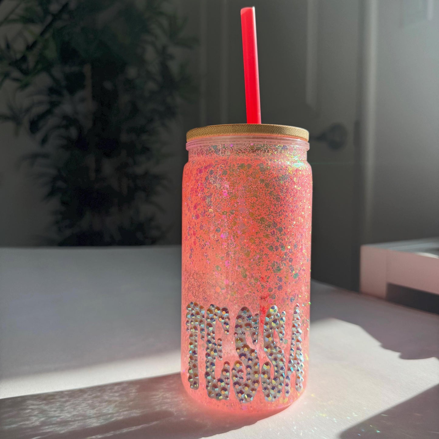 Personalized Kids Plastic Snow Globe Tumbler: Glitter Cup with Lid