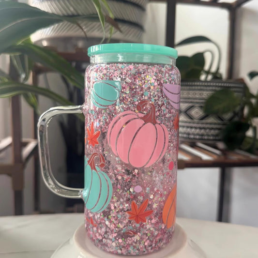 Pink Pumpkin Snow Globe Tumbler: Fall Glitter Glass Cup with Handle